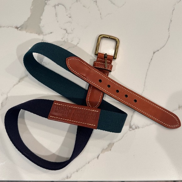 Tommy Hilfiger Mens Leather Canvas 2-Tone Belt Size 40 Blue Green USA Vintage - Picture 11 of 11
